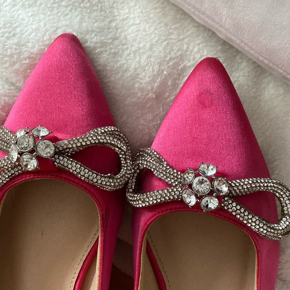 Pink pointed toe ballet flat slip on micro heel shoes rhinestone bow detail - Picture 11 of 13